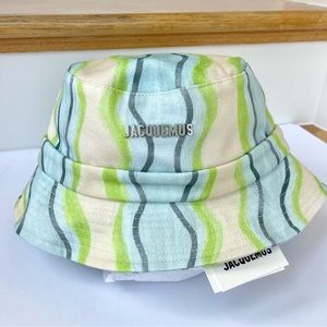 NWT Jacquemus Bucket Hat Le Bob Gadjo Unisex in Blue / Grey Stripe Le Raphia